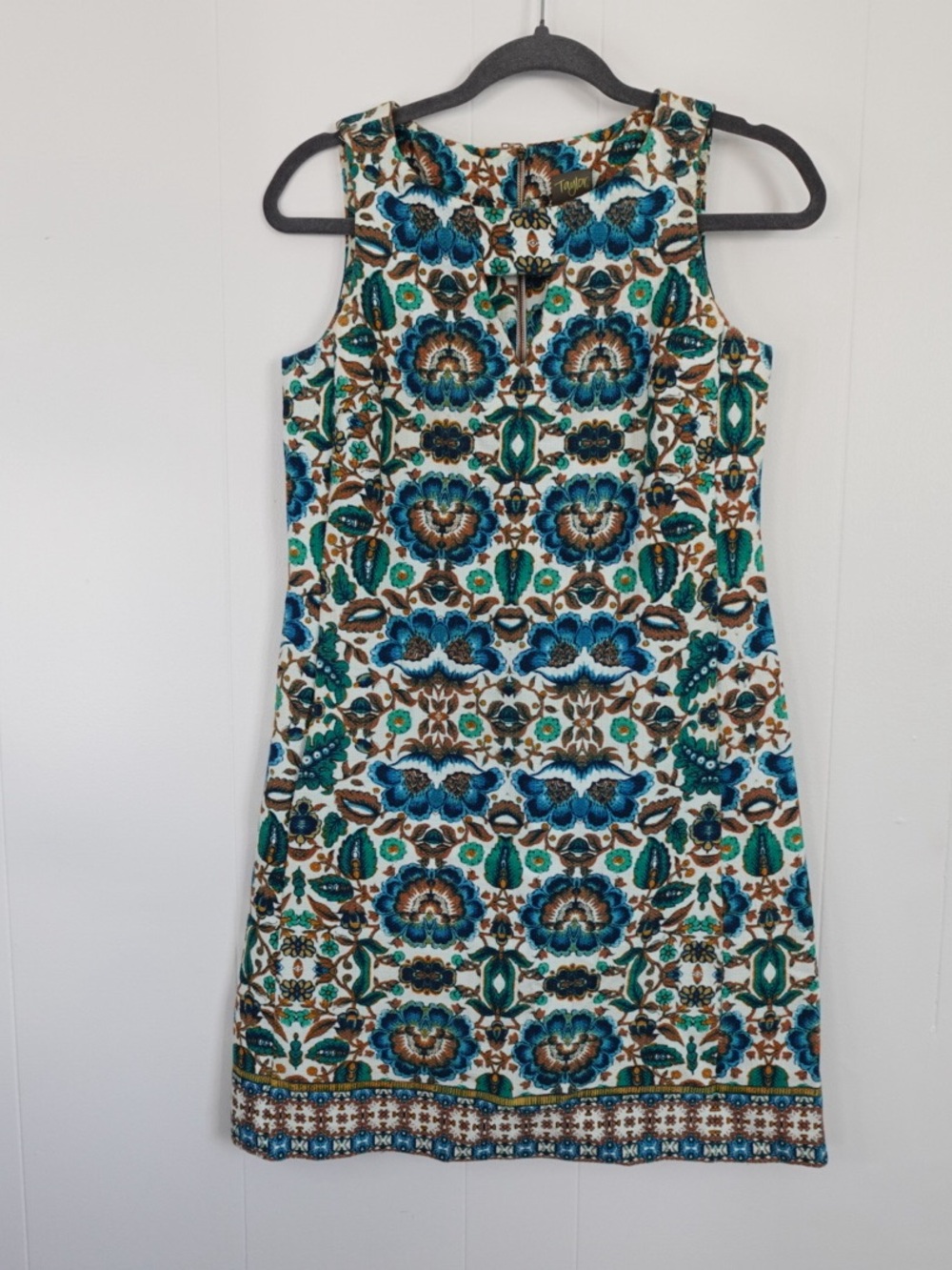 Taylor White Dress with Blue, Teal & Brown Floral Print